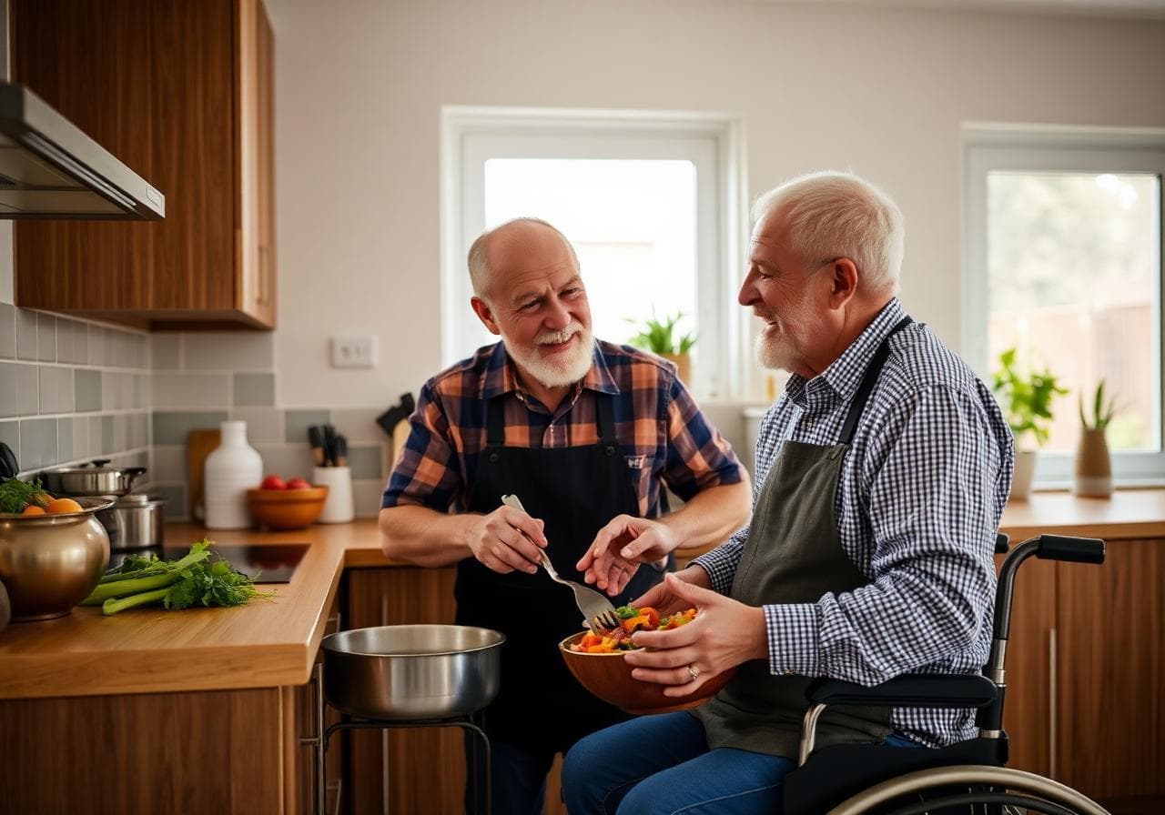 A support worker and a participant cooking together