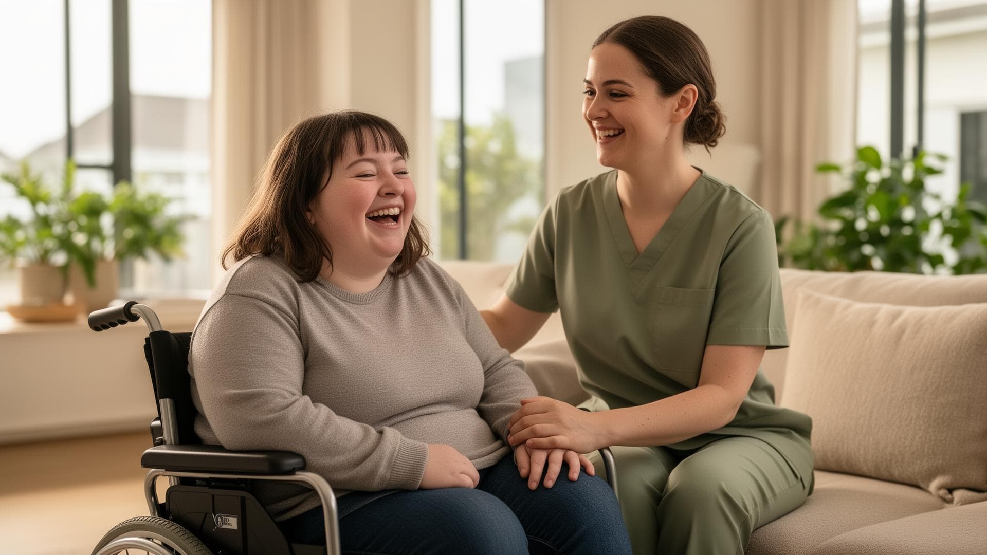 A participant laughing with her support worker in a sunlit living room